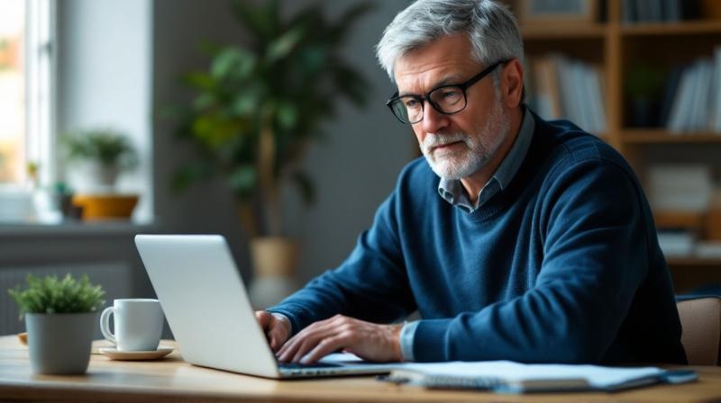 Mann Anfang 50 am Laptop im Homeoffice, konzentriert am Lernen, natürliches Licht