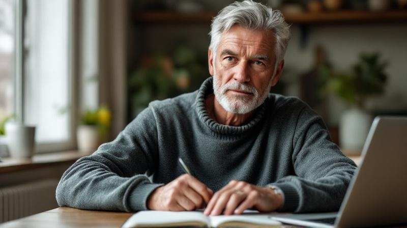 Mann in den 60ern sitzt mit Kaffee und Notizbuch am Küchentisch, Laptop im Hintergrund