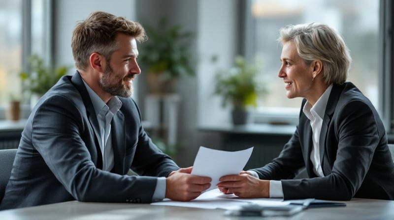 Mann im Büro bespricht ein Dokument mit seinem Vorgesetzten am Schreibtisch