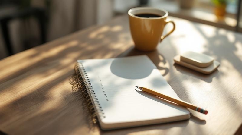 Notizblock mit einer Liste und einem Bleistift, daneben ein Kaffee, alles auf einem hellen Tisch