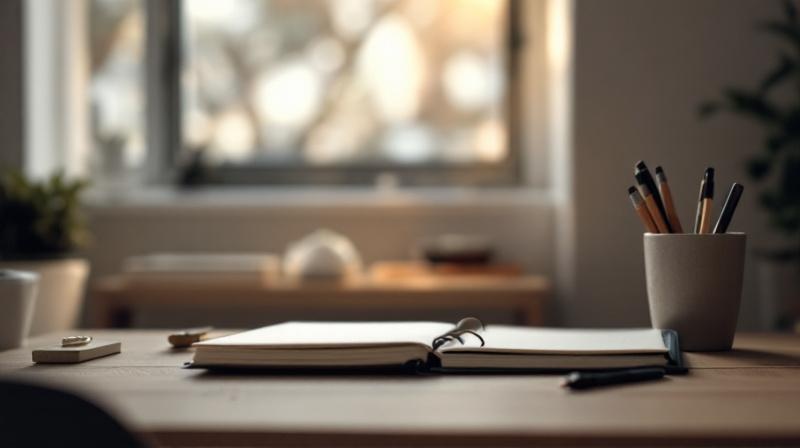 Kleiner Aktenordner und eine Tasse stehen auf einem Tisch in einem provisorischen Raum