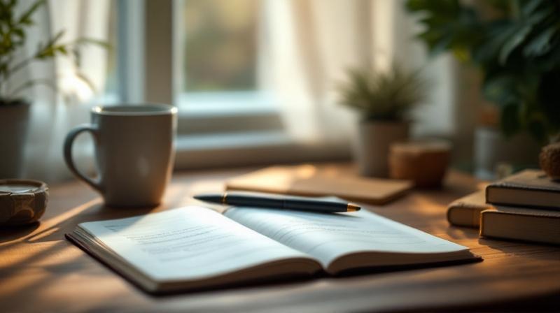 Einfacher Schreibtisch mit einem offenen Notizblock, Stift und einer Kaffeetasse, morgendliches Licht