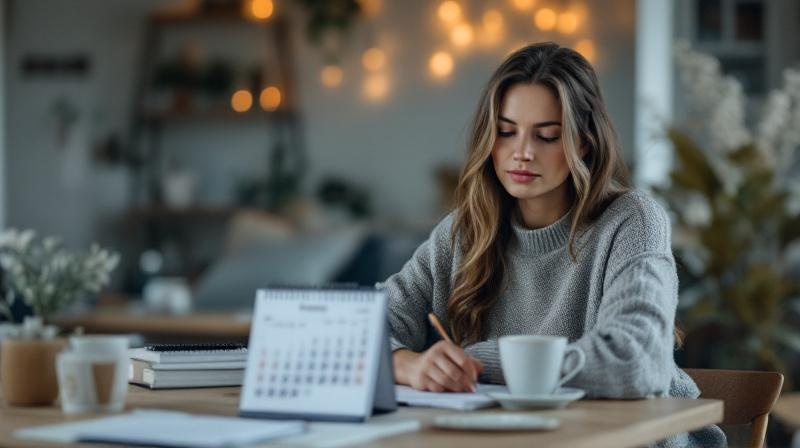 Frau sitzt ruhig am Esstisch mit einem Kalender und einem Notizbuch und plant die nächsten Schritte