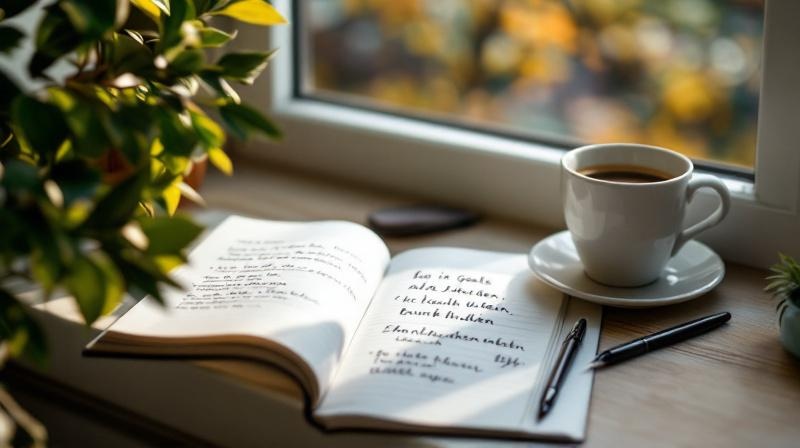 Ein offenes Notizbuch mit handgeschriebenen Zielen, Stift und Kaffeetasse an einem Fenster