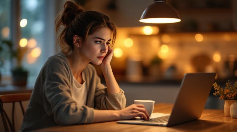 Frau am Küchentisch spät abends mit Laptop und Kaffee, konzentriert bei der Arbeit