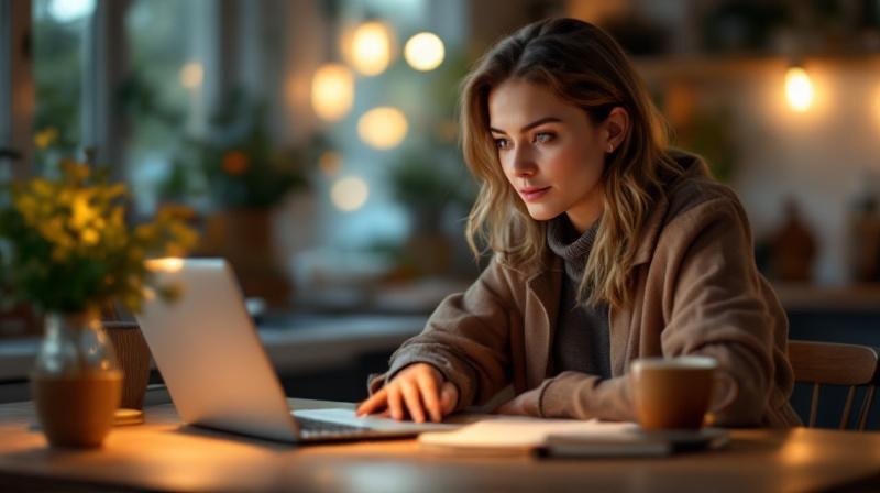 Frau lernt am Küchentisch am Laptop nach Feierabend