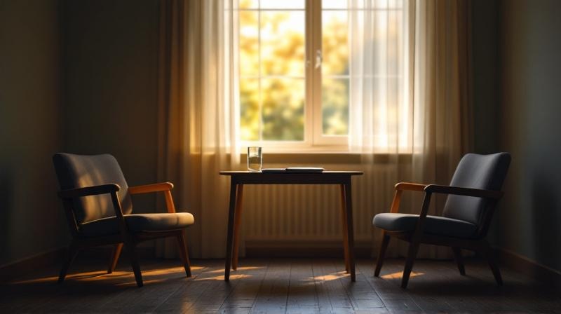 Eine kleine Beratungsstelle mit schlichtem Schreibtisch, Stuhl und warmem Licht