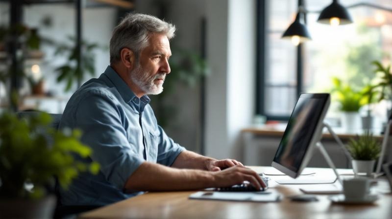 Mann mittleren Alters in einem ruhigen Büro, konzentriert, ergonomischer Arbeitsplatz