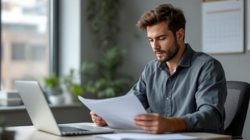 Mann in Zivilkleidung liest an einem Schreibtisch einen Ordner, daneben ein Laptop und ein Kalender