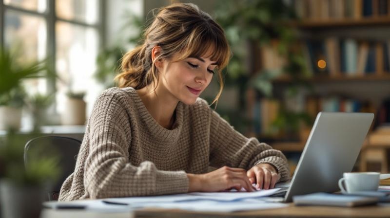 Frau sitzt mit Steuerformularen und Quittungen am Schreibtisch und ordnet Belege einer Weiterbildung zu