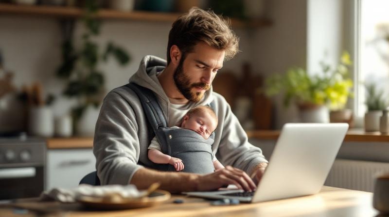 Vater sitzt am Küchentisch mit Laptop, Baby schläft in der Trage vor ihm