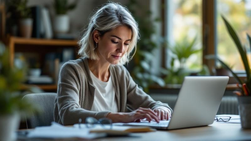 Frau Mitte Fünfzig arbeitet konzentriert an einem Laptop und blättert in Kursunterlagen