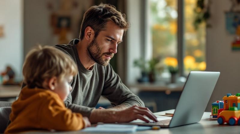 Elternteil mit Kleinkind am Schreibtisch vor einem Laptop