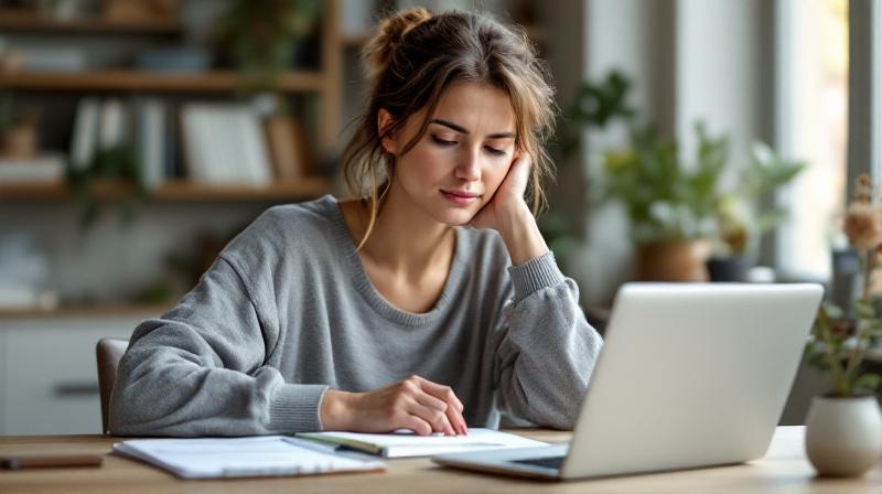 Junge Gründerin am Schreibtisch mit Businessplan und Laptop, konzentrierter Gesichtsausdruck