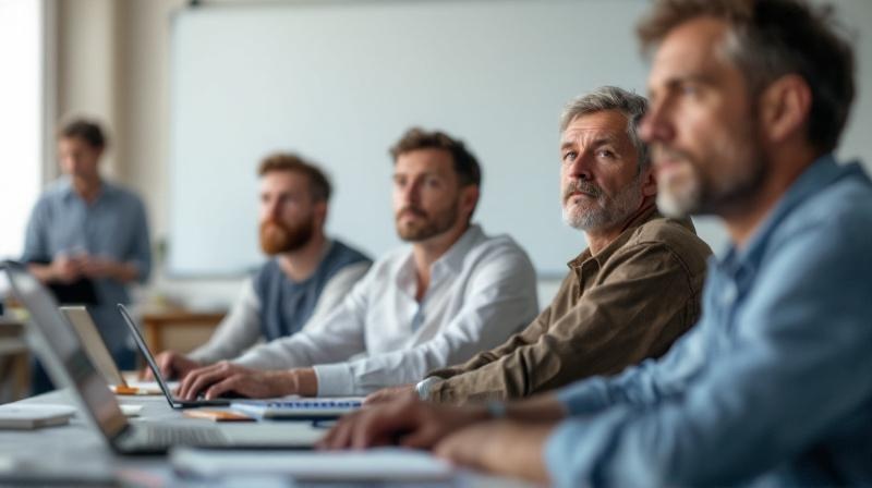Gruppe an Tischen in einem Seminarraum am Wochenende