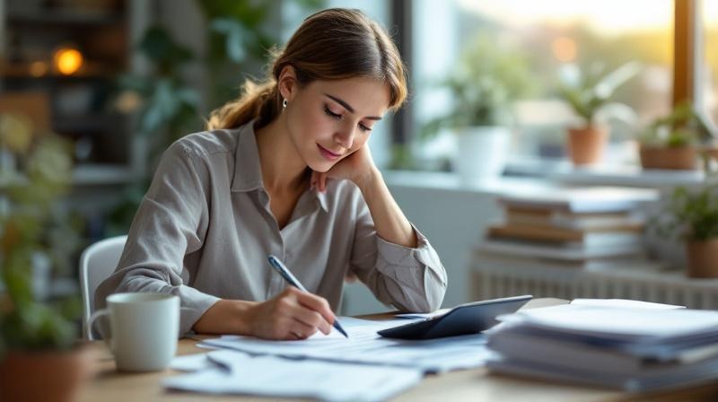 Frau mit Taschenrechner und Notizblock rechnet Weiterbildungsgeld und Zuschüsse durch