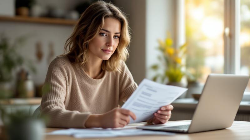 Frau hält Prüfungsurkunde in einer Hand und einen Taschenrechner in der anderen am Küchentisch