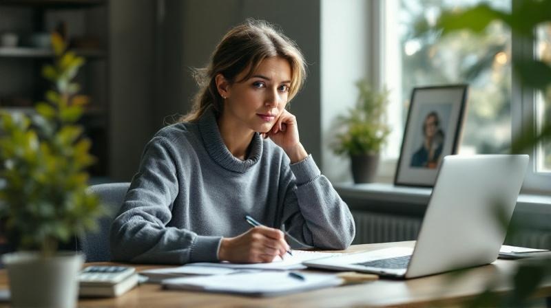 Frau am Schreibtisch mit Sparbuch und Taschenrechner, die Finanzierung einer Weiterbildung plant