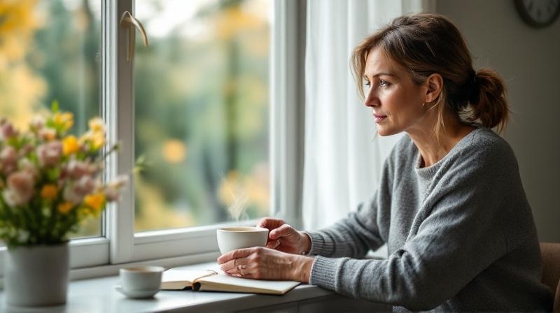 Frau sitzt am Fenster mit Tasse Tee, Notizbuch auf dem Tisch